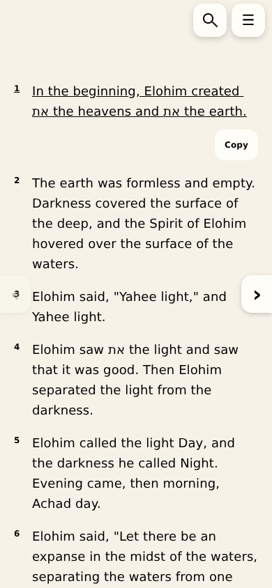 The Hebrew Bible Study reader showing Beresheet 1 on a cream background